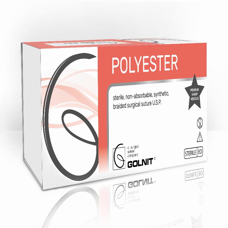 Поліефір (Поліестер) з прокладками (pledgets) з ПТФЕ(4*3*1,5), USP(EP): 2/0 (3,0), Голка: Колючо-ріжуча 17мм, 1/2 кола, Двох-голкова, Нитка:(75*5)см, Набір(5+5)